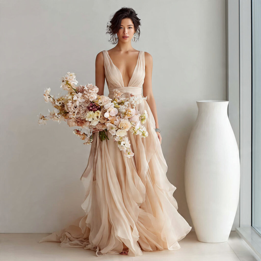 ethereal wedding dress in soft blush and