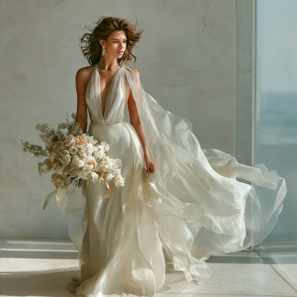 ethereal wedding dress with sheer cape overlay