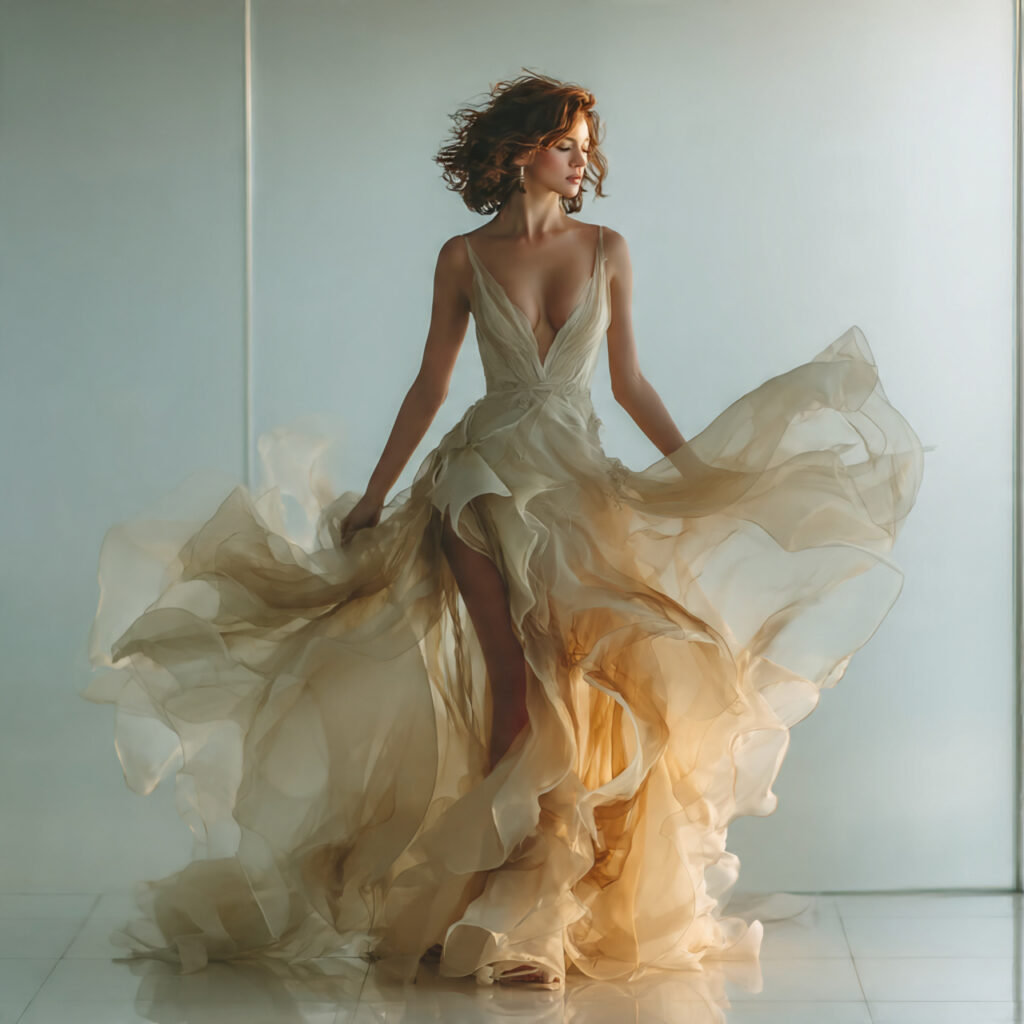 ethereal wedding gown with layered skirt showing
