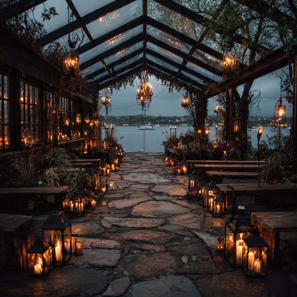 evening gothic wedding ceremony outdoors at night