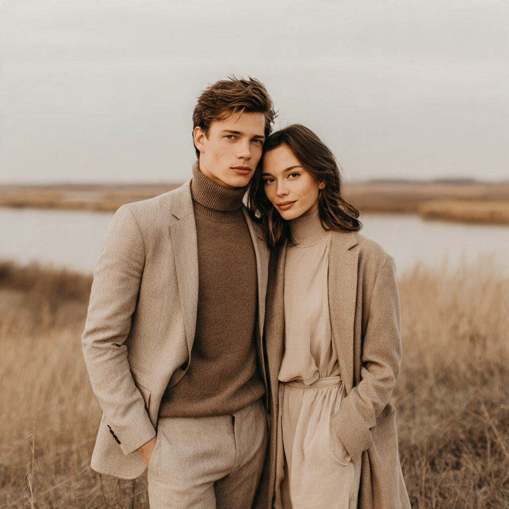 21 Cozy and Stylish Fall Engagement Photo Outfit Ideas 10 fall engagement couple wearing monochrome outfits in