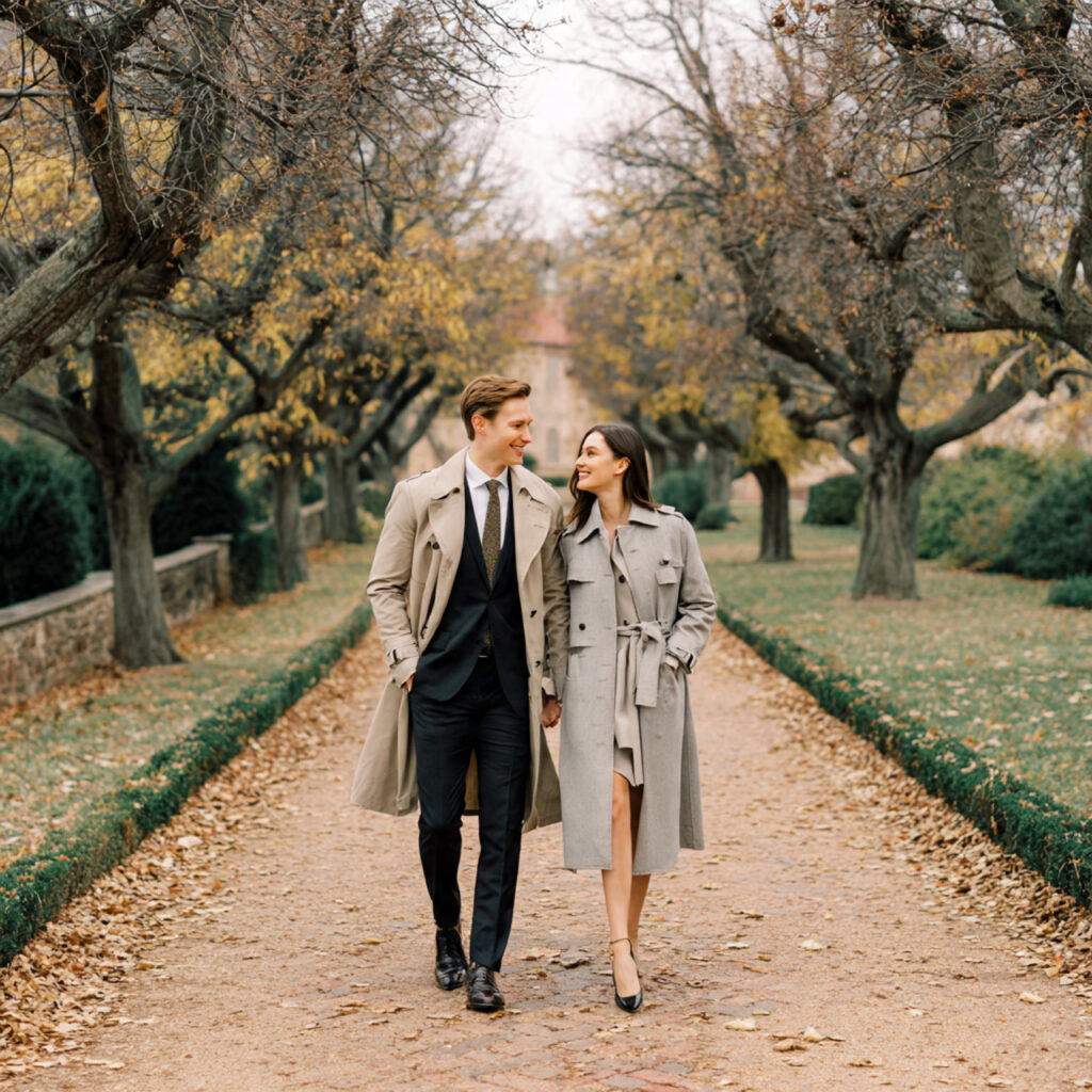 21 Cozy and Stylish Fall Engagement Photo Outfit Ideas 5 fall engagement portrait couple wearing long tailored