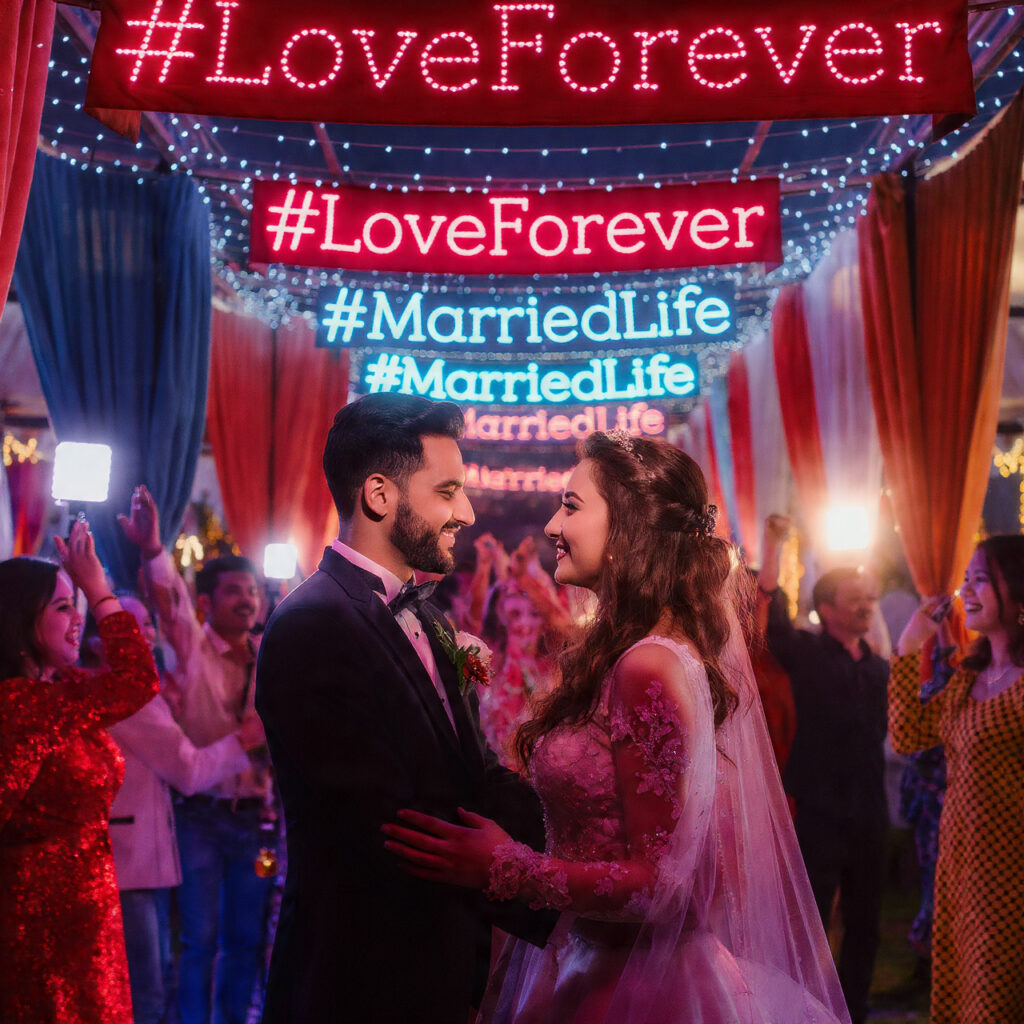 festive wedding scene with guests celebrating couple