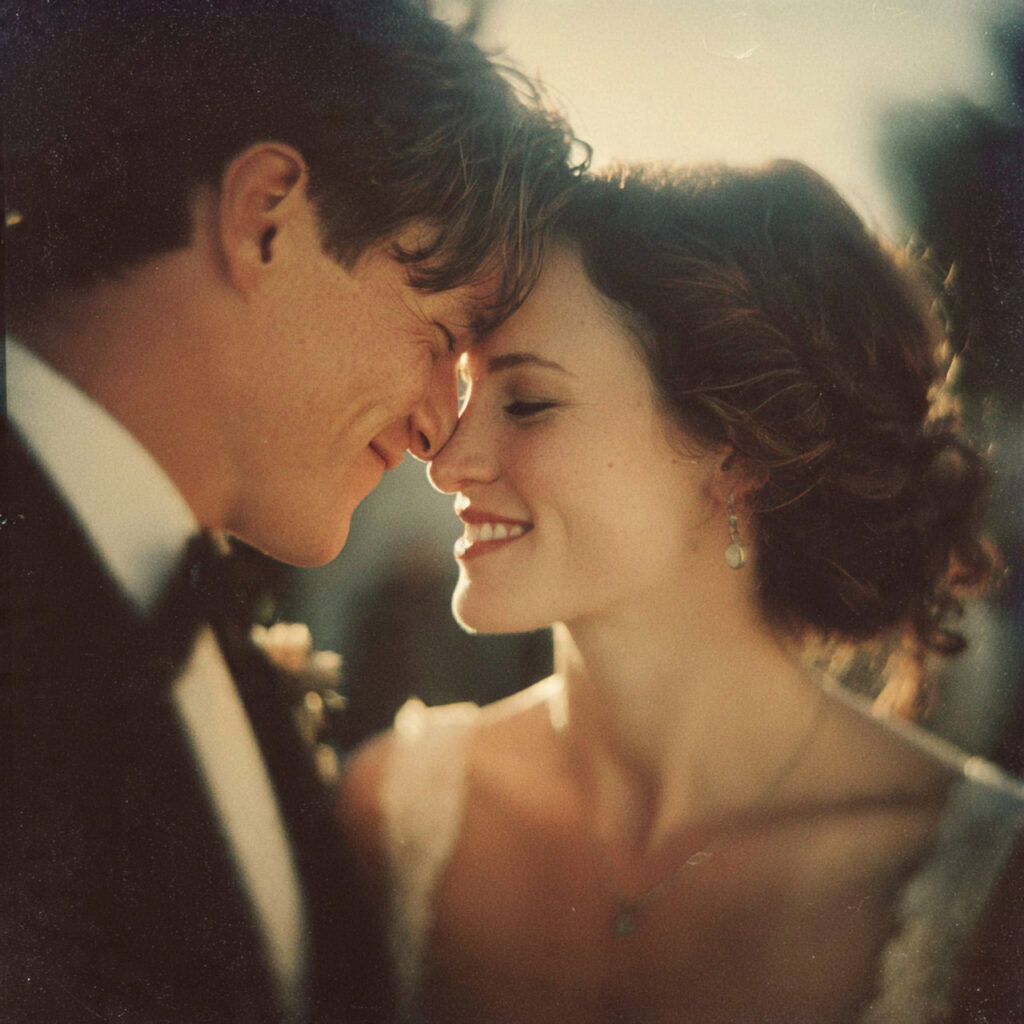 film style wedding photograph with soft grain warm 1