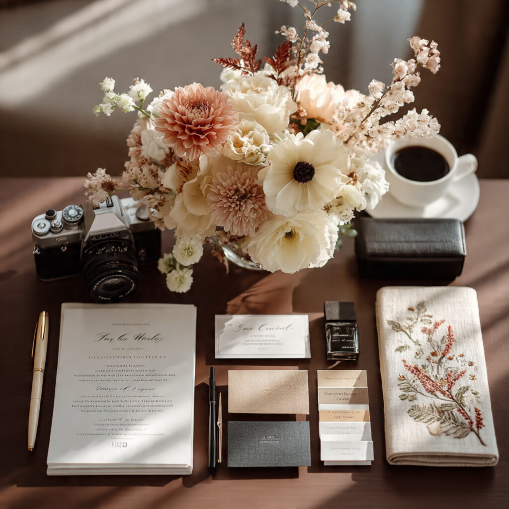 flat lay of wedding vendor contracts camera