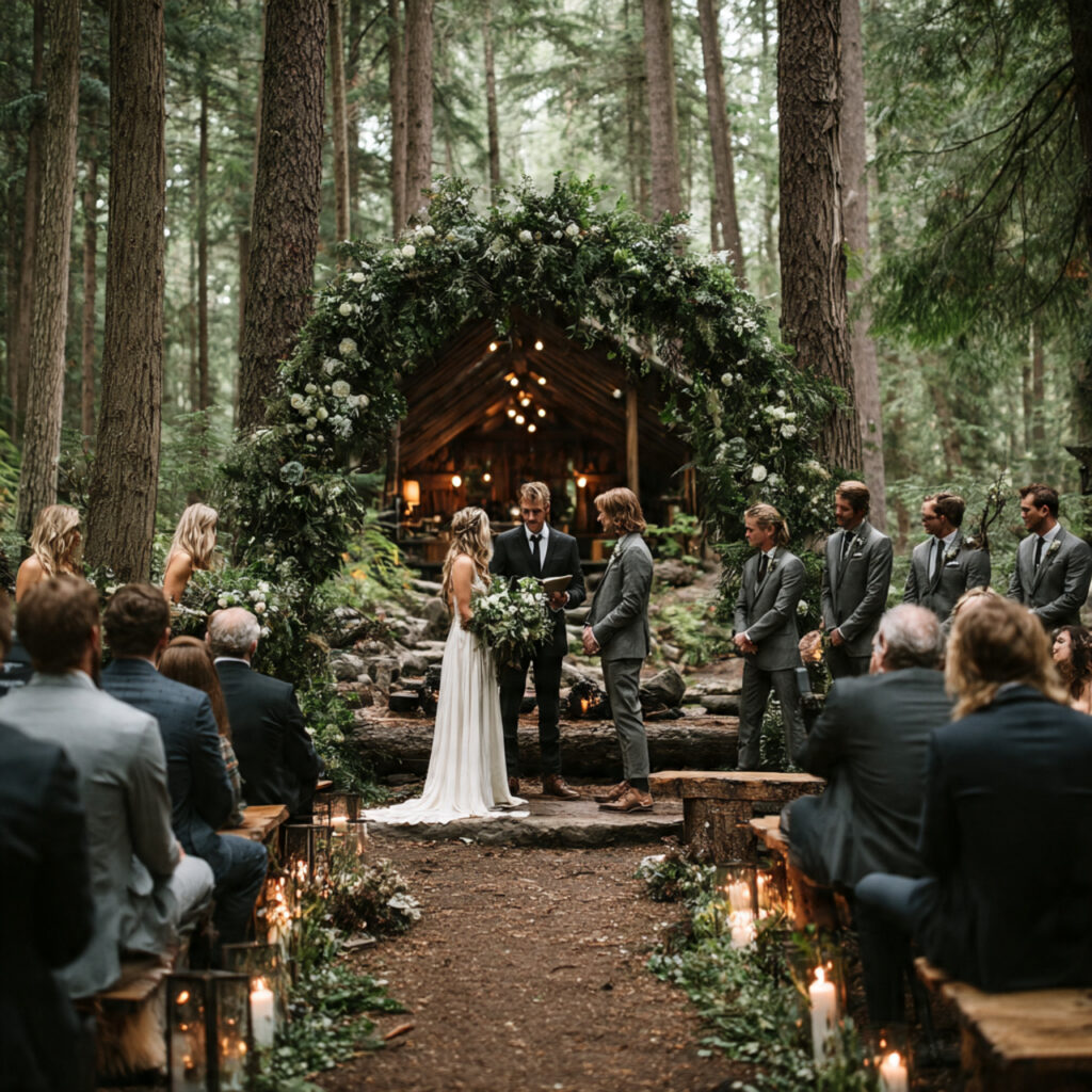 formal forest wedding ceremony with spruce green