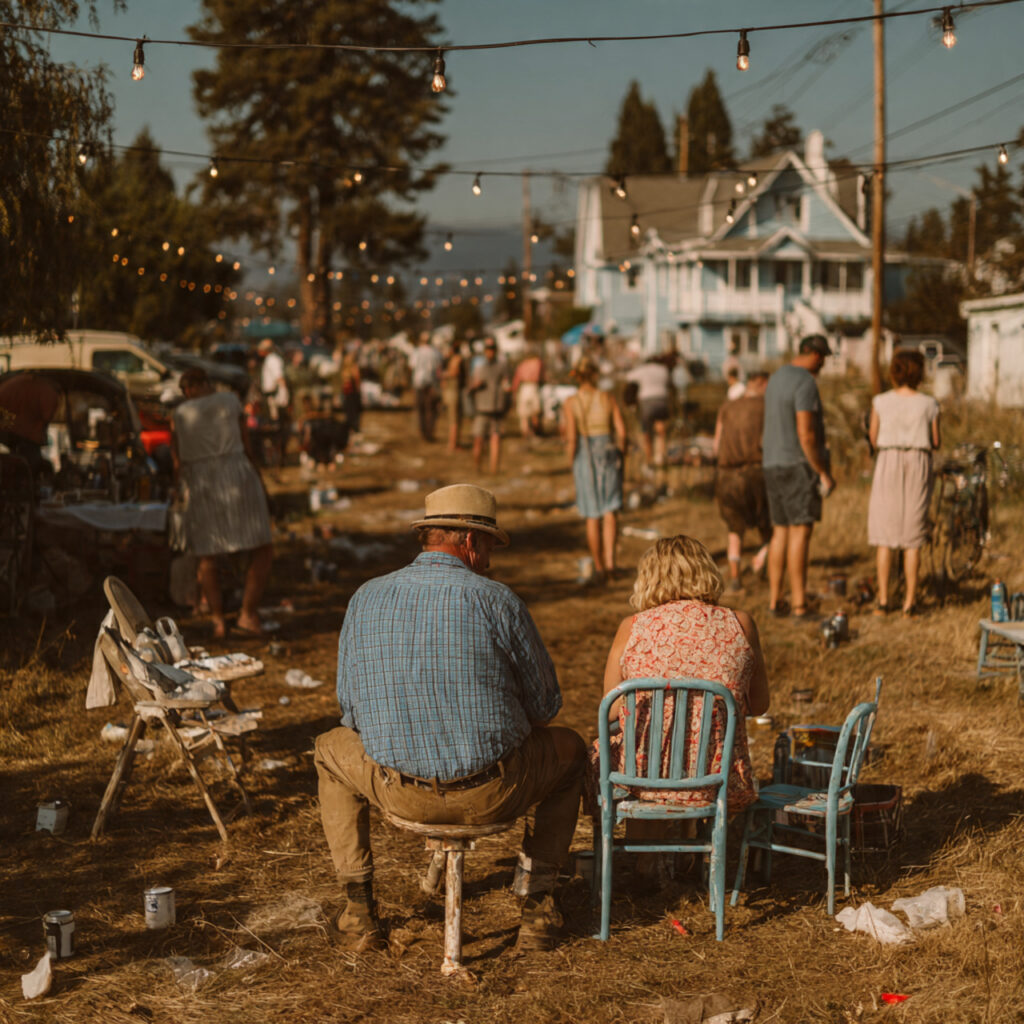 friends and family setting up chairs and
