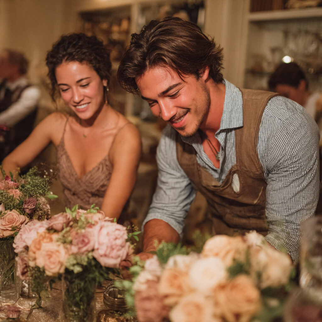 friends and family setting up wedding d cor