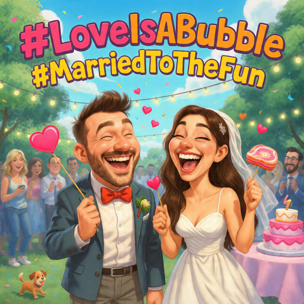 funny wedding couple holding playful props or