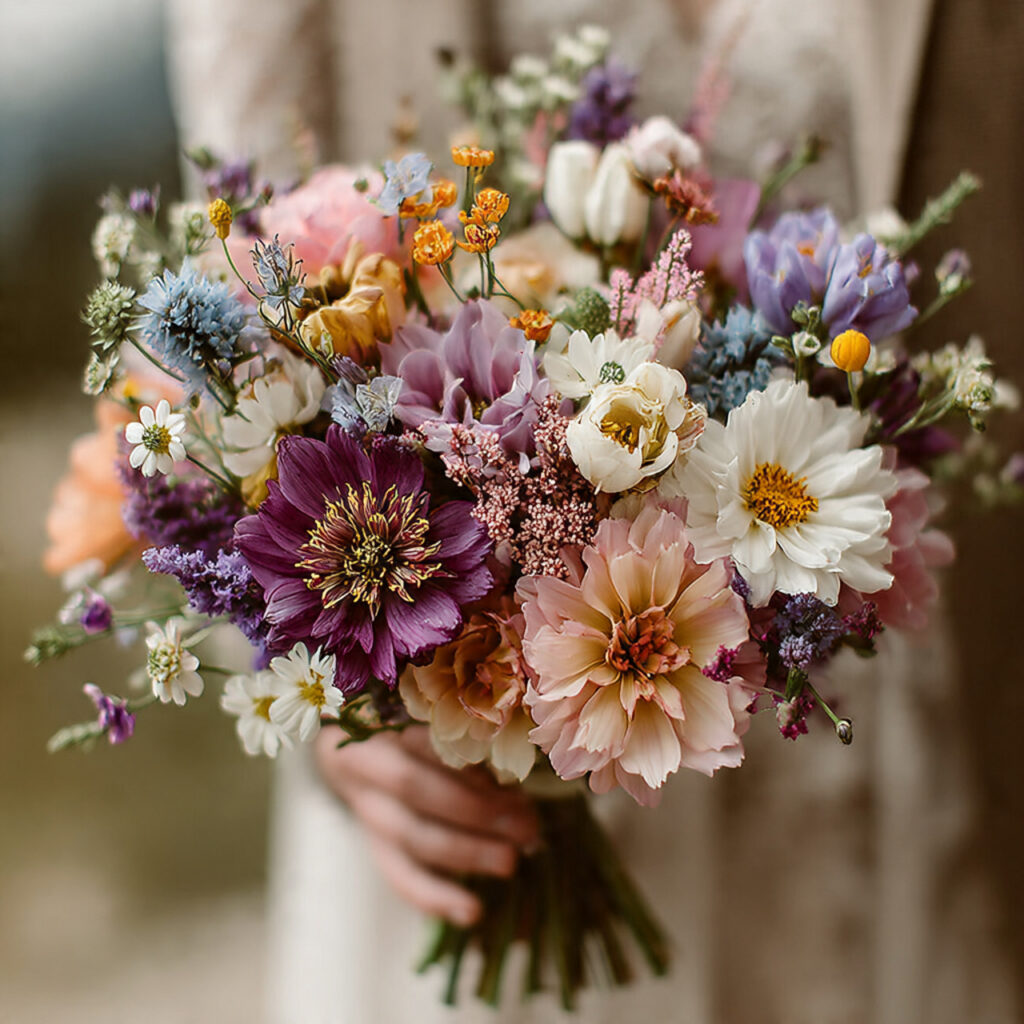 garden gathered boho wedding bouquet with seasonal mixed