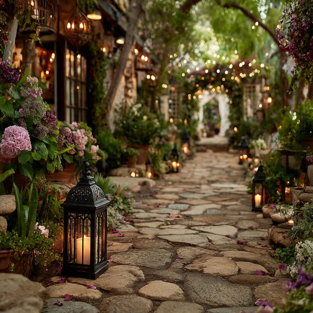 garden wedding aisle lined with lanterns and