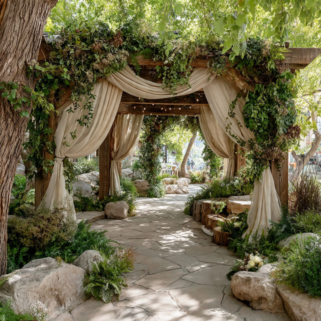 garden wedding ceremony backdrop made of greenery