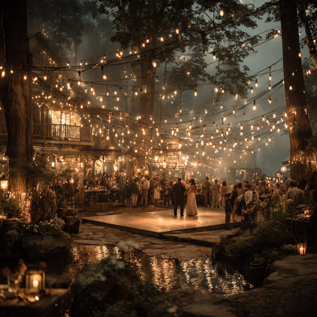 garden wedding dance floor surrounded by string