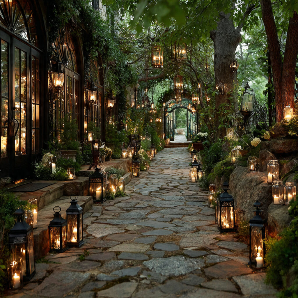 garden wedding pathway lined with warm lanterns