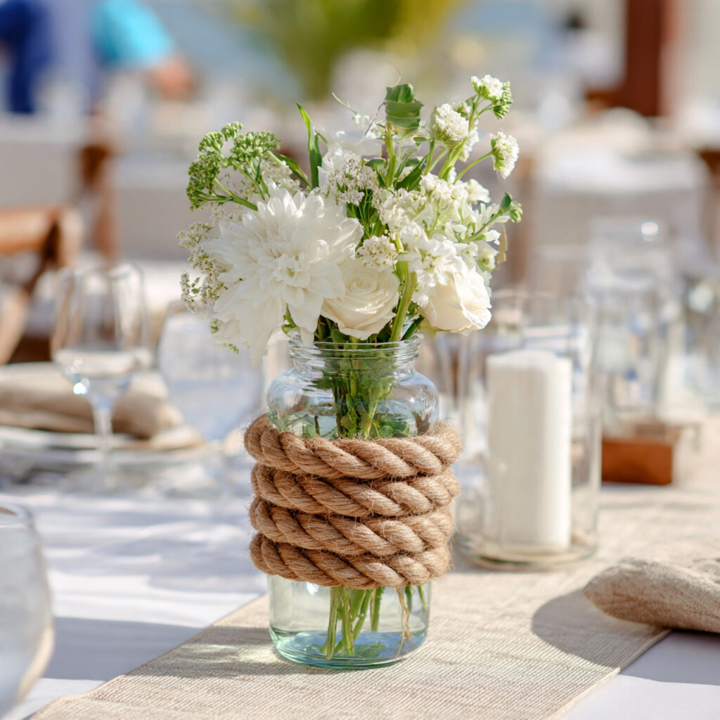 glass vase wrapped with natural rope as