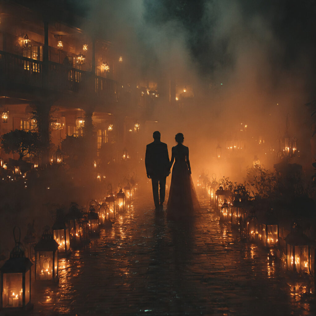 gothic wedding exit scene with lanterns and
