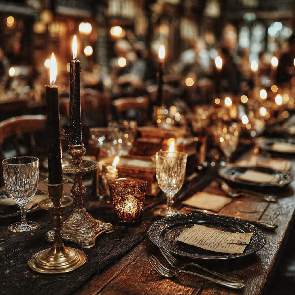 gothic wedding reception lit entirely by candlelight
