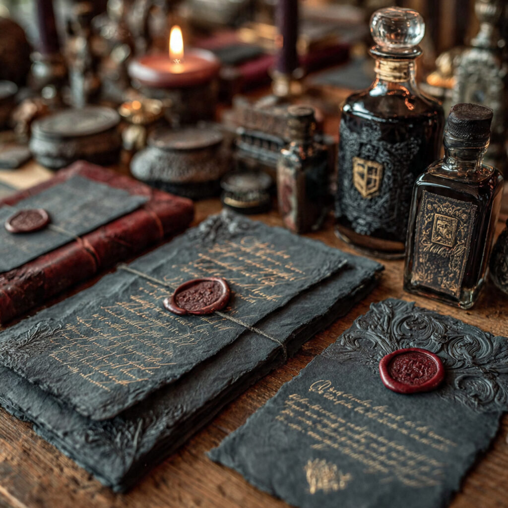 gothic wedding stationery featuring blackletter calligraphy dark