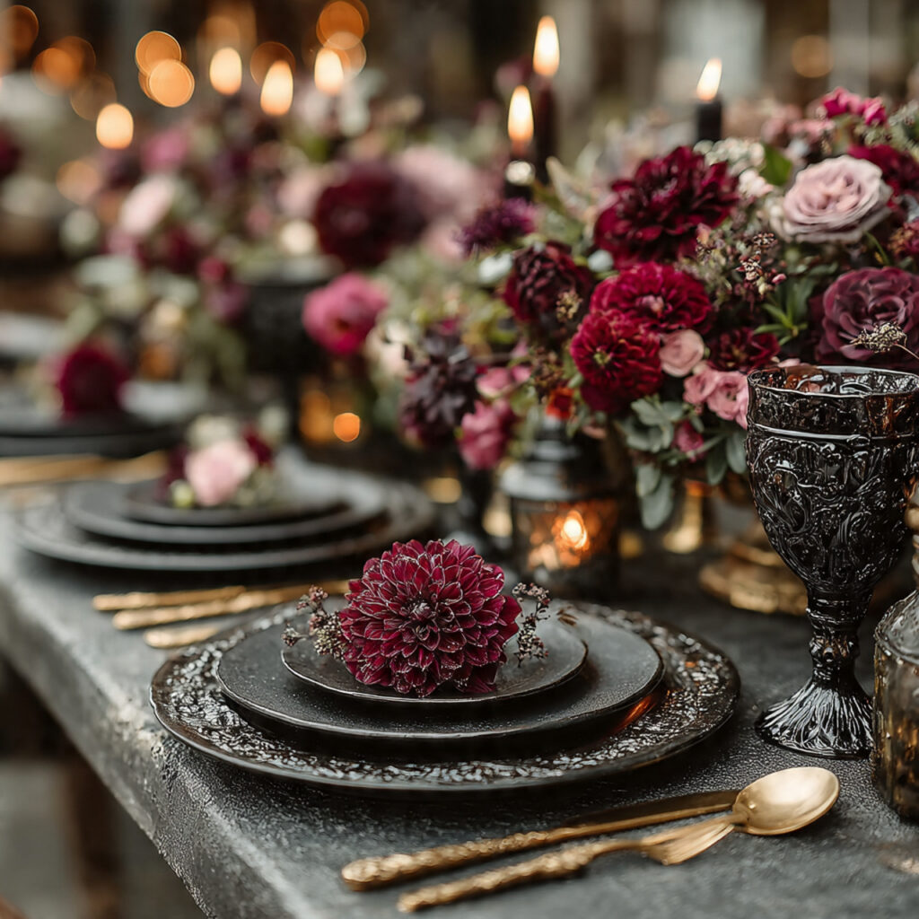 gothic wedding table setting with black linens