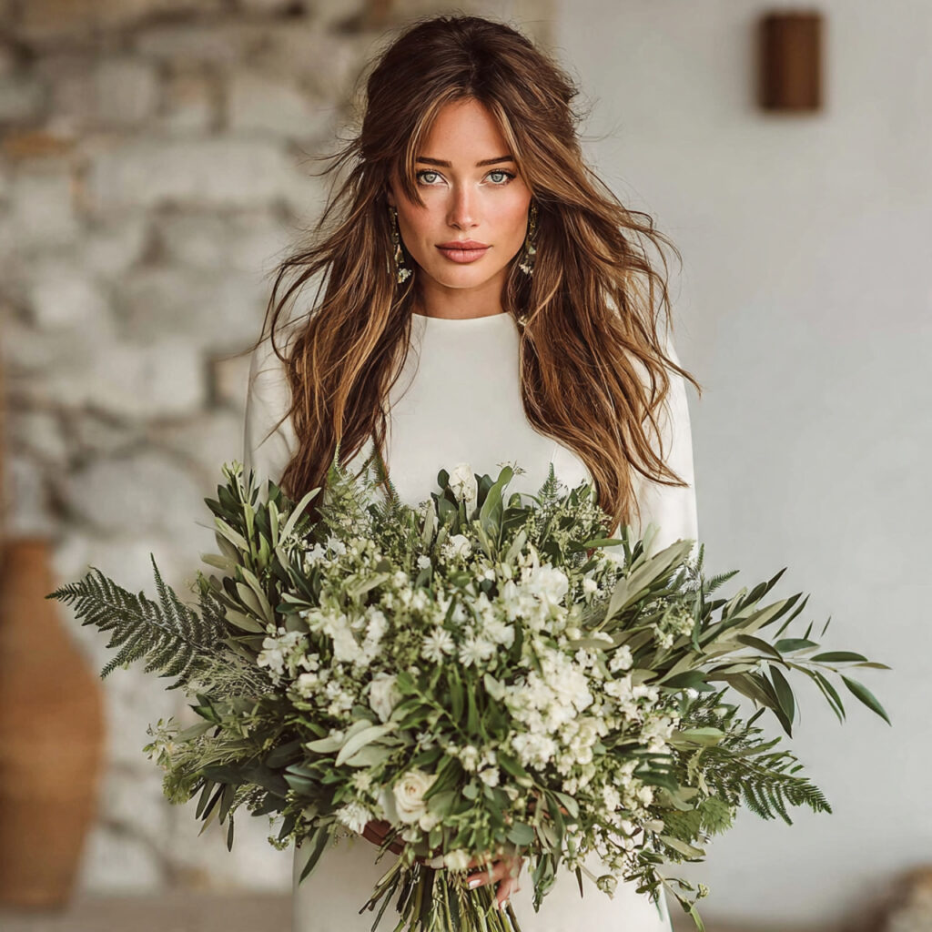 greenery forward boho wedding bouquet with eucalyptus olive