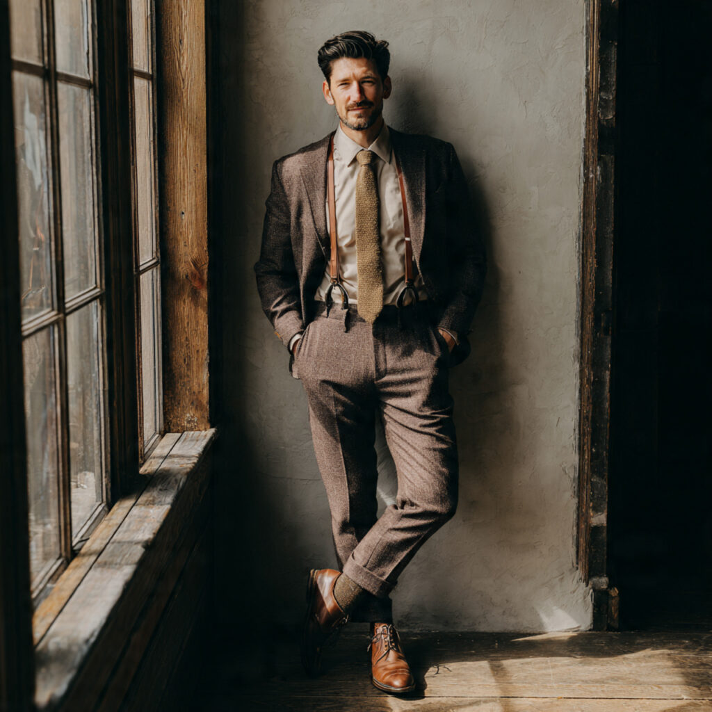 groom wearing tweed suit with suspenders and