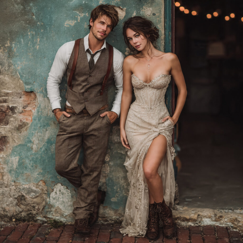 groom with hands in pockets bride leaning