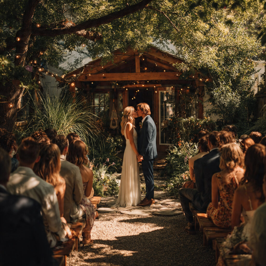ground level backyard wedding ceremony with couple standing