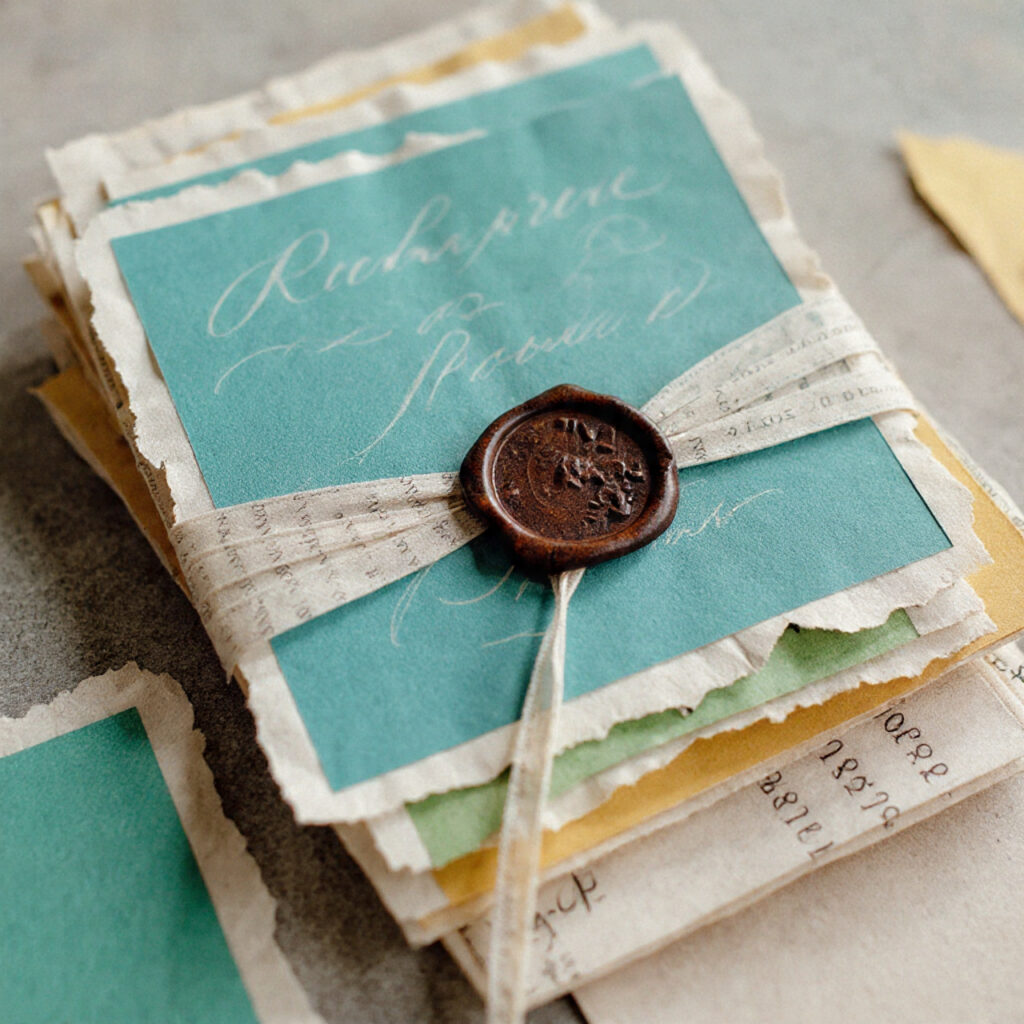 handwritten wedding invitation on textured deckled edge paper