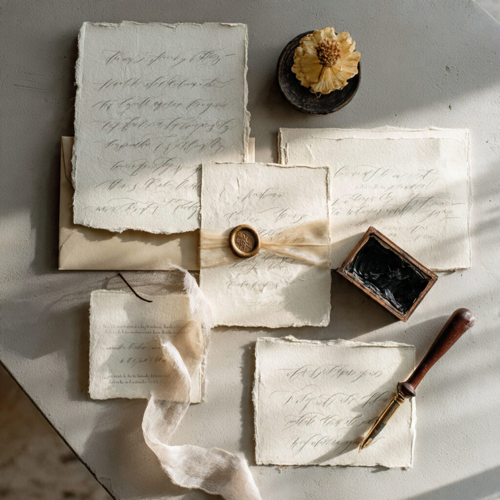 handwritten wedding invitations on deckled edge paper black