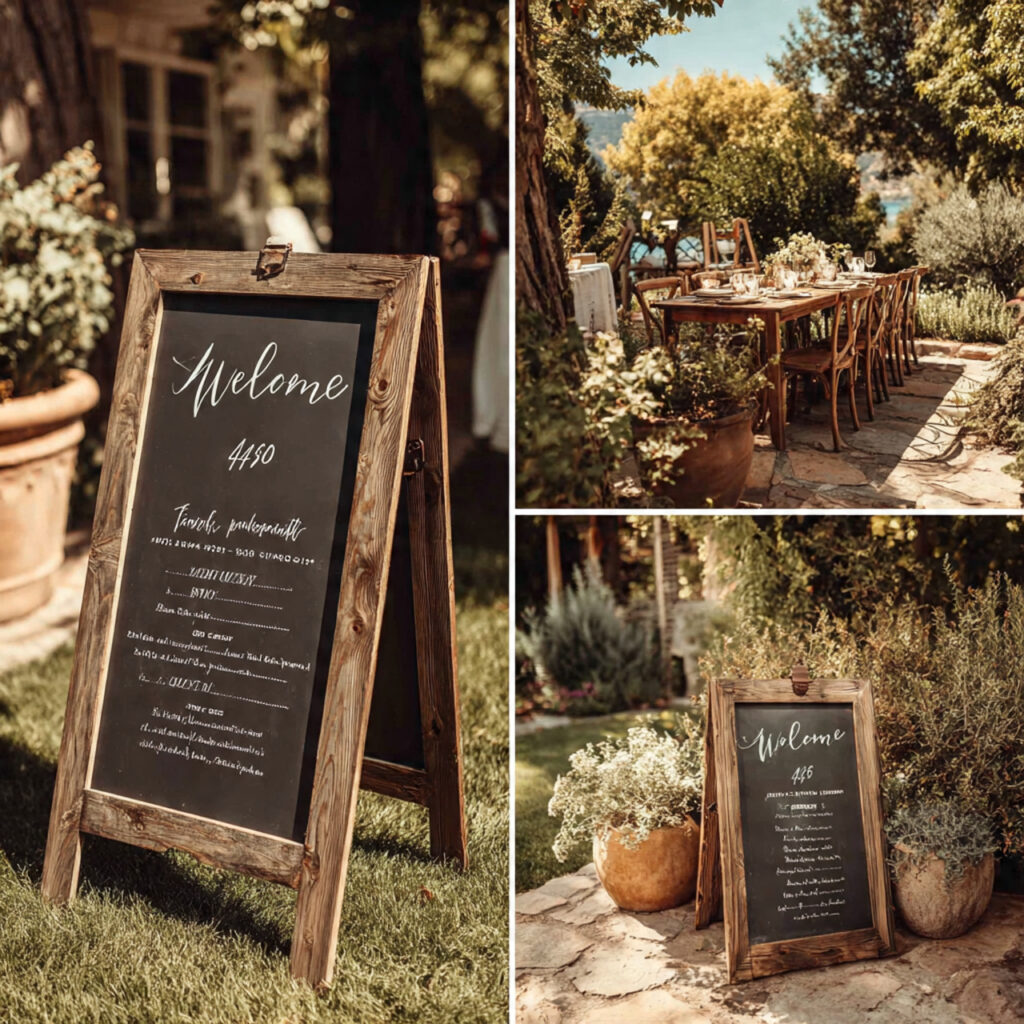handwritten wedding signs on chalkboards and simple