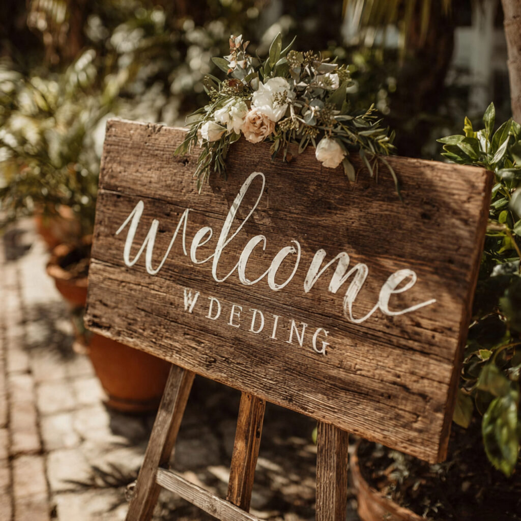 handwritten wedding welcome sign on reclaimed wood