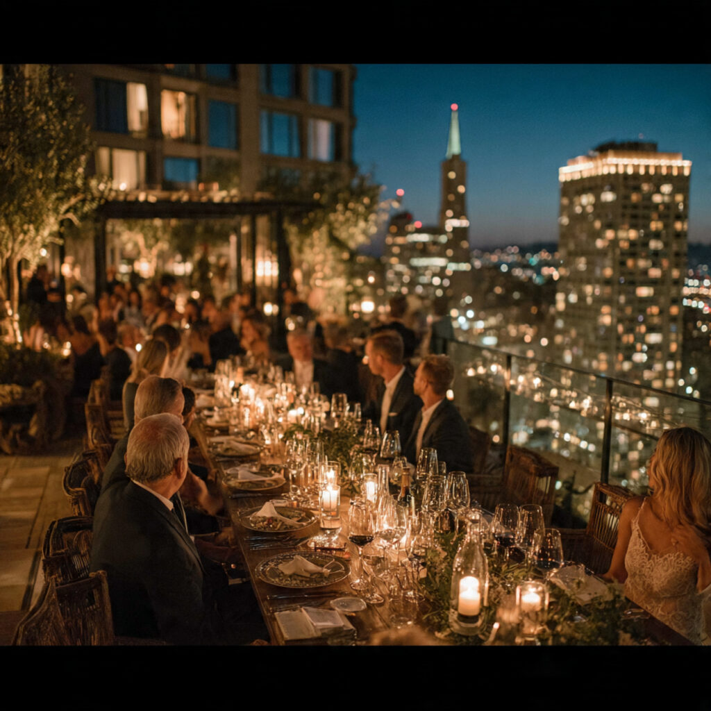 hotel rooftop rehearsal dinner at night city