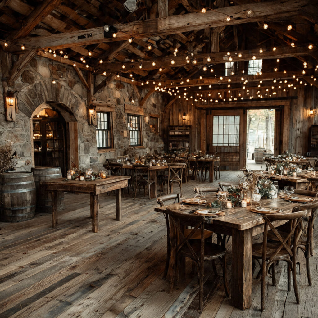 interior of a rustic barn wedding venue