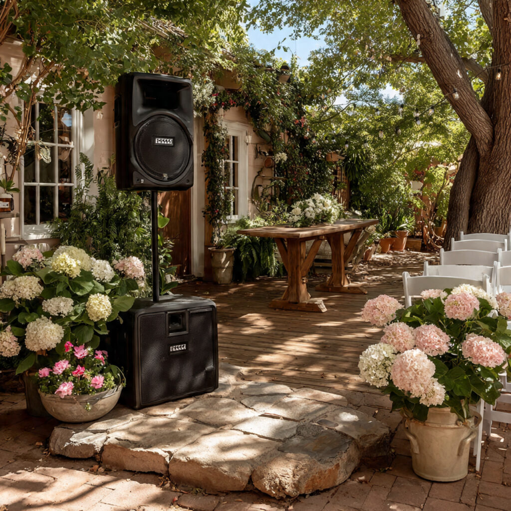 intimate backyard wedding ceremony with small speaker