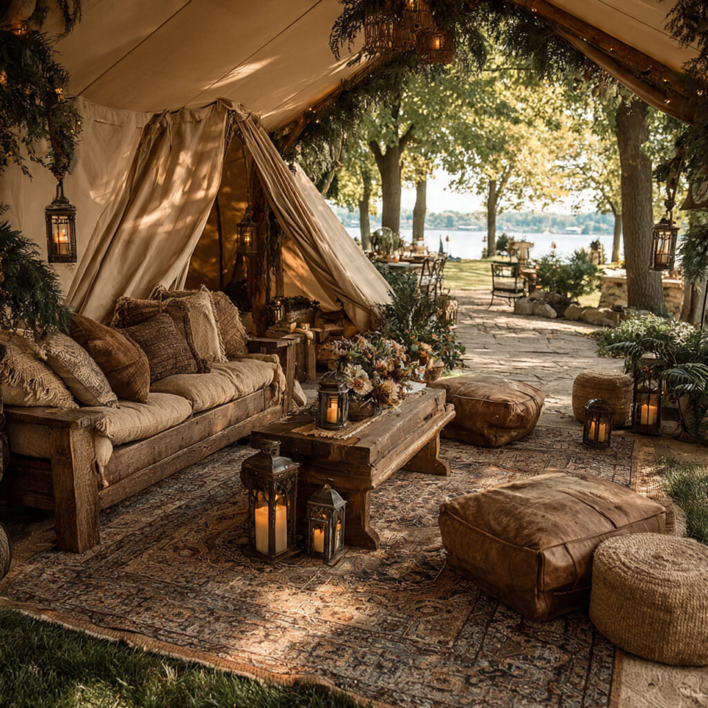 intimate backyard wedding featuring home rugs lanterns