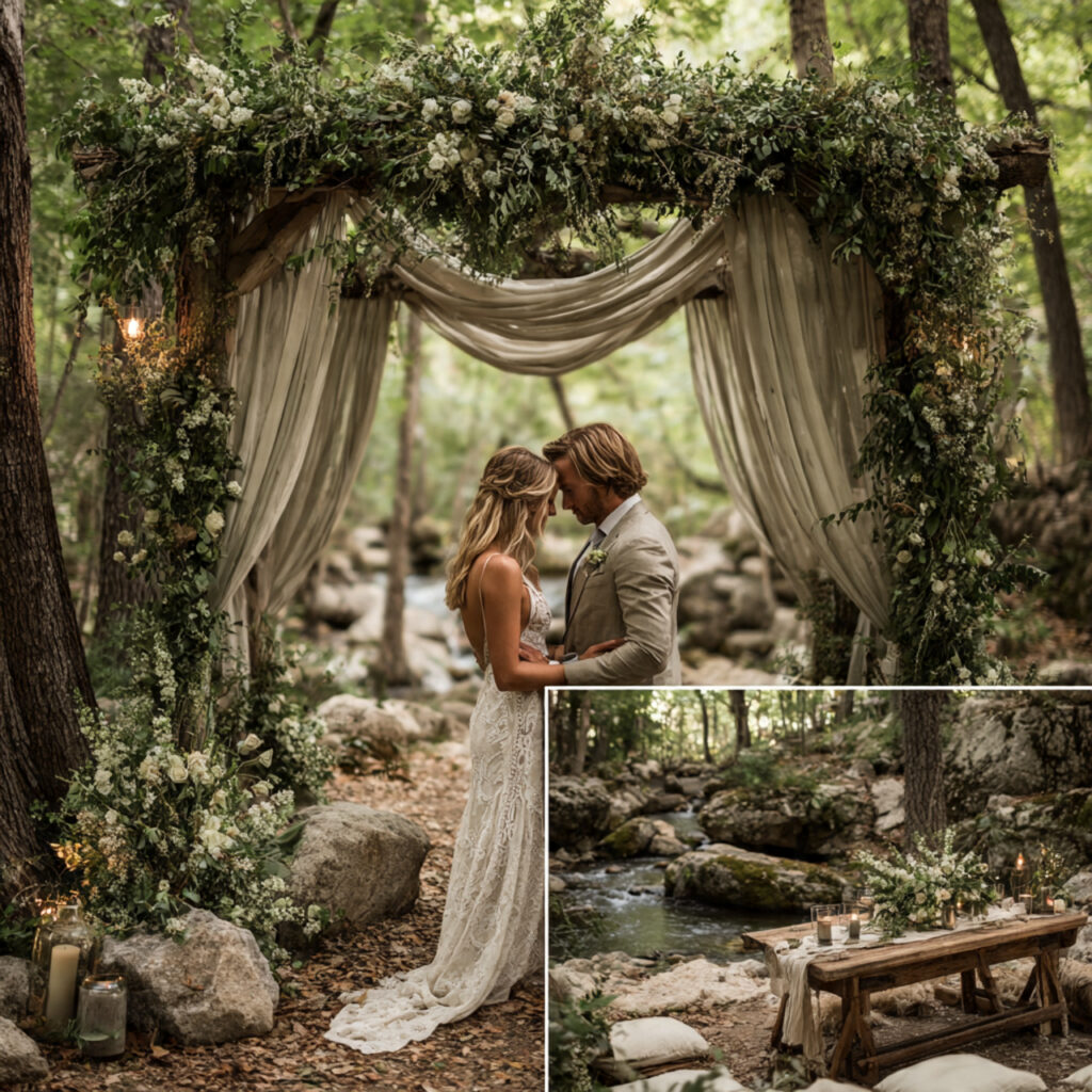 intimate forest wedding with willow green fabrics