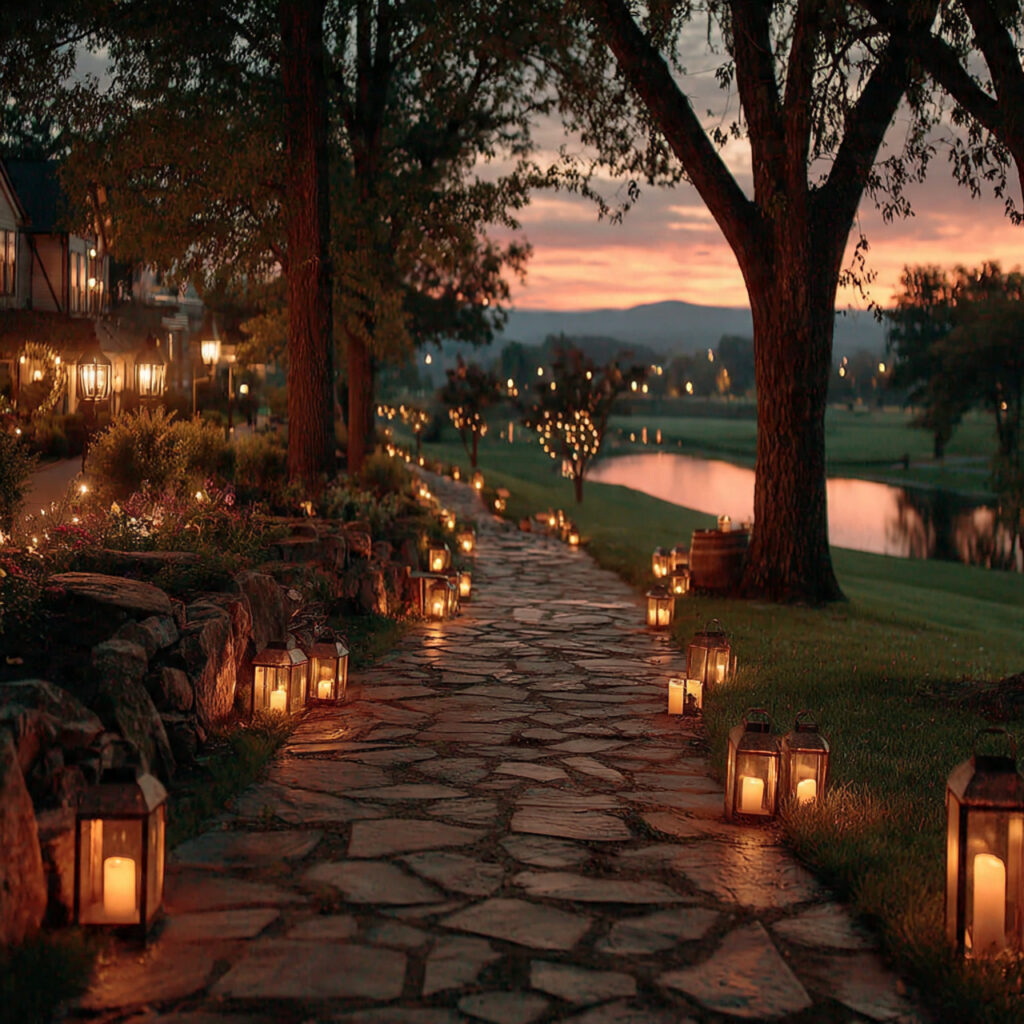 intimate rustic wedding send off with lanterns at