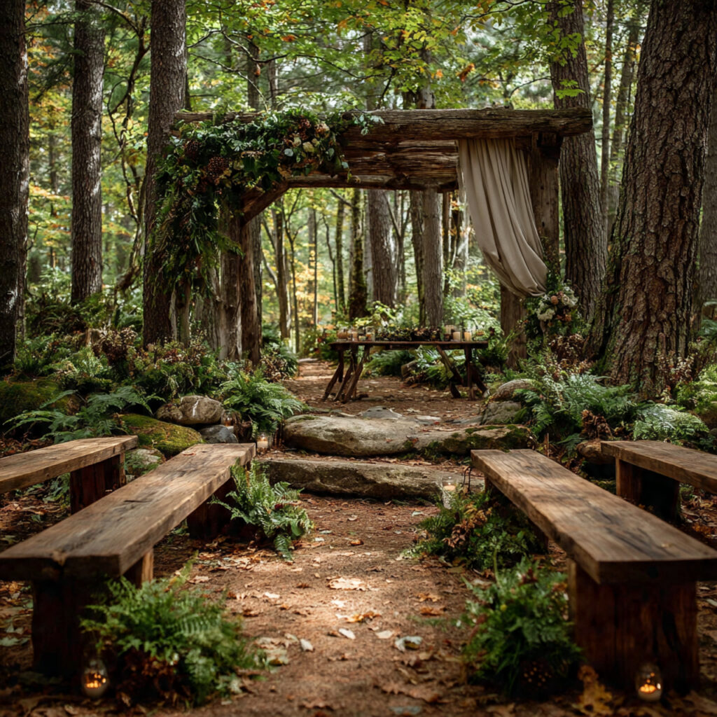 intimate woodland wedding ceremony set among tall