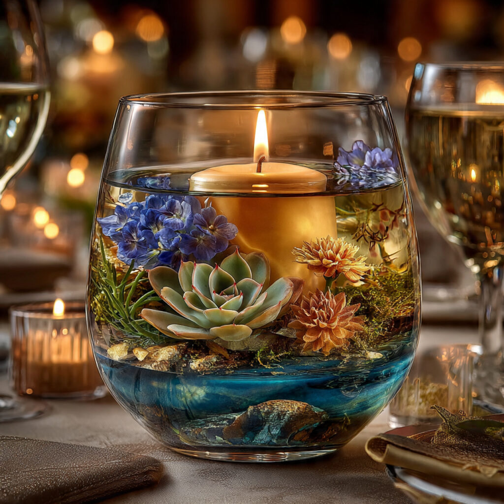inverted wine glass wedding centerpiece with candle
