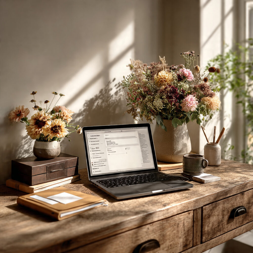 laptop showing email confirmations wedding folder and