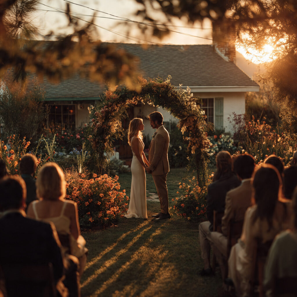 late afternoon micro backyard wedding ceremony with 1