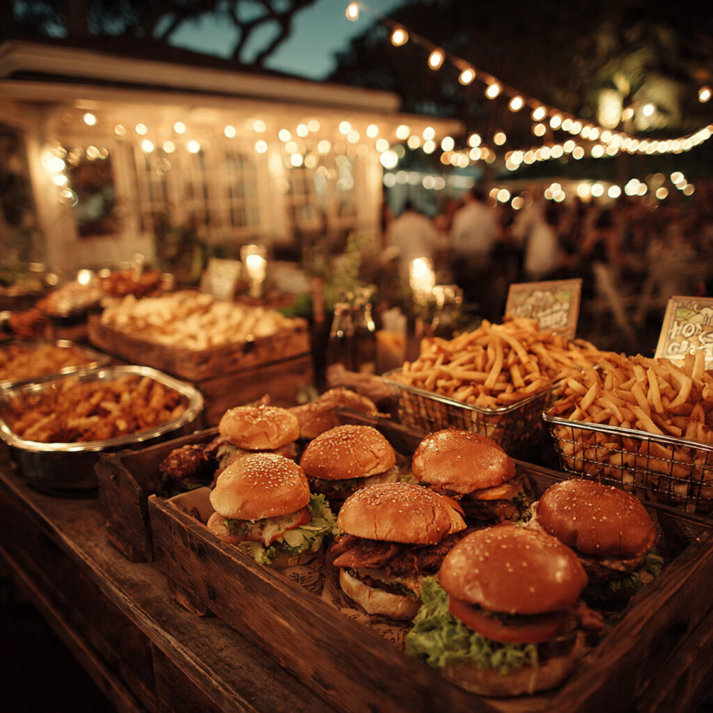 late night wedding food station with comfort foods