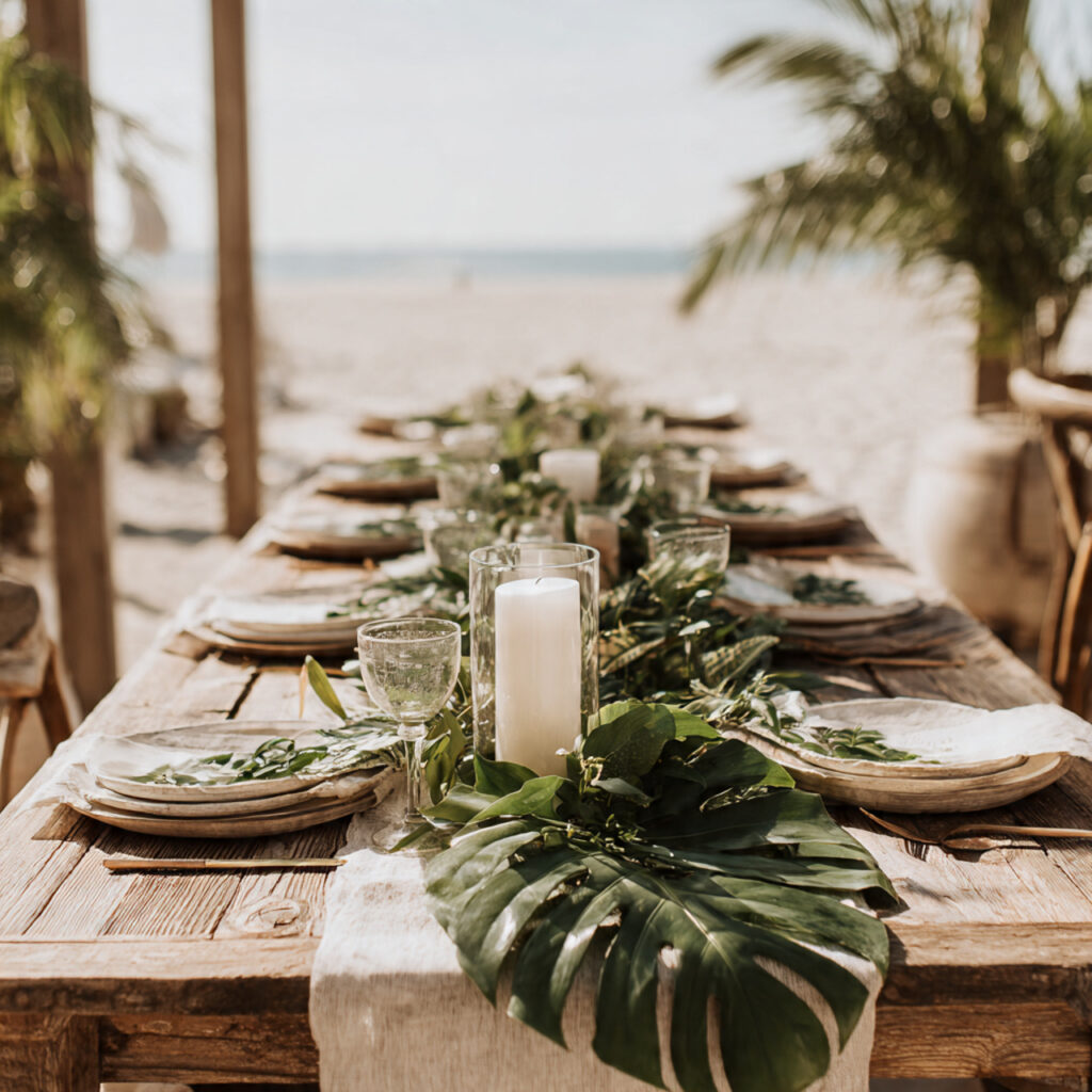long beach wedding table with tropical greenery