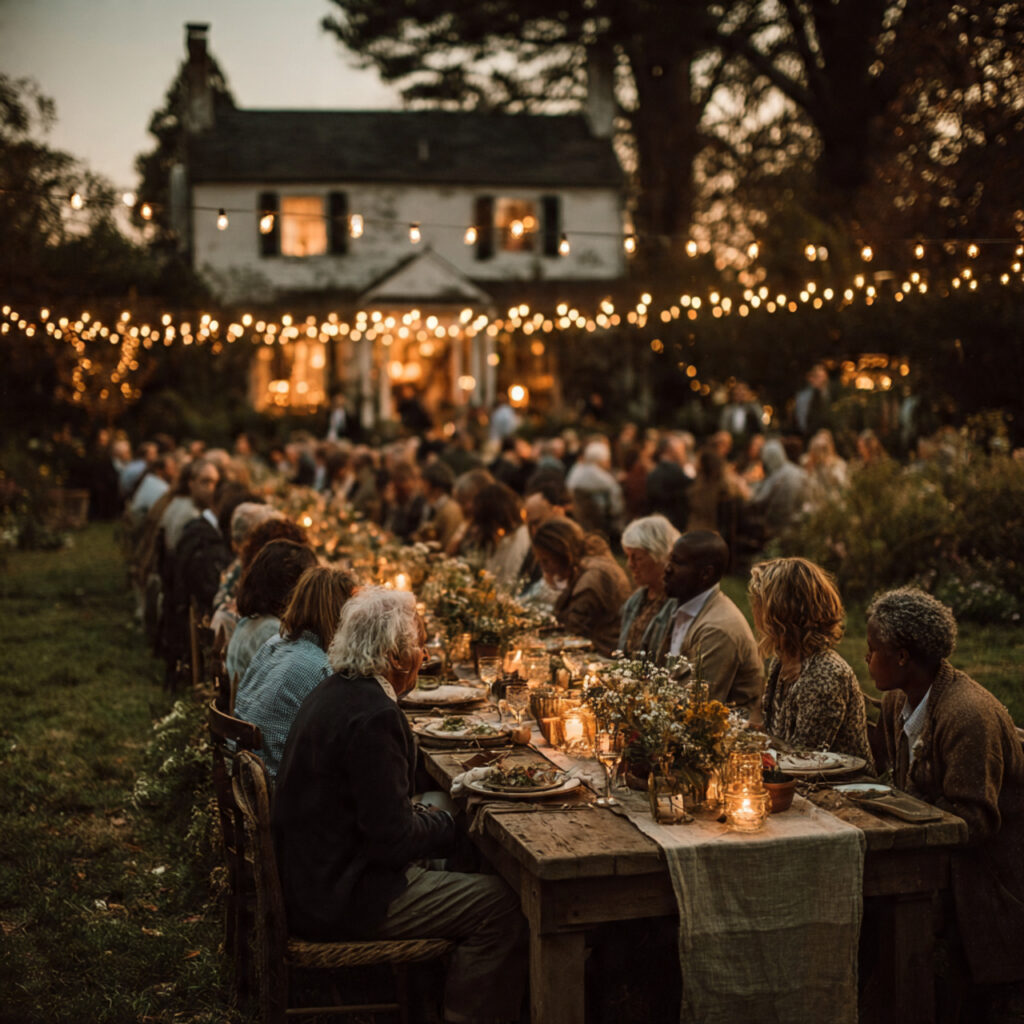 long communal dining table set in a