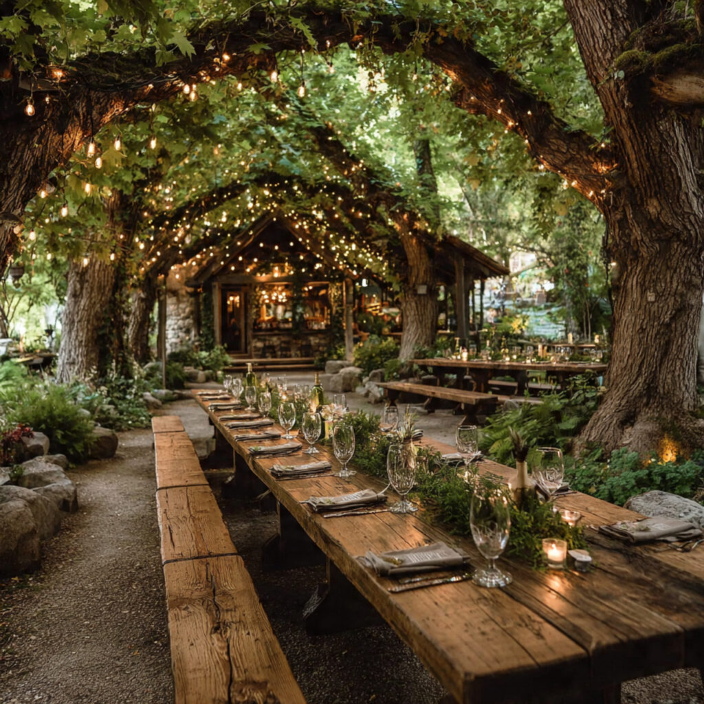 long wooden dining tables set under tree