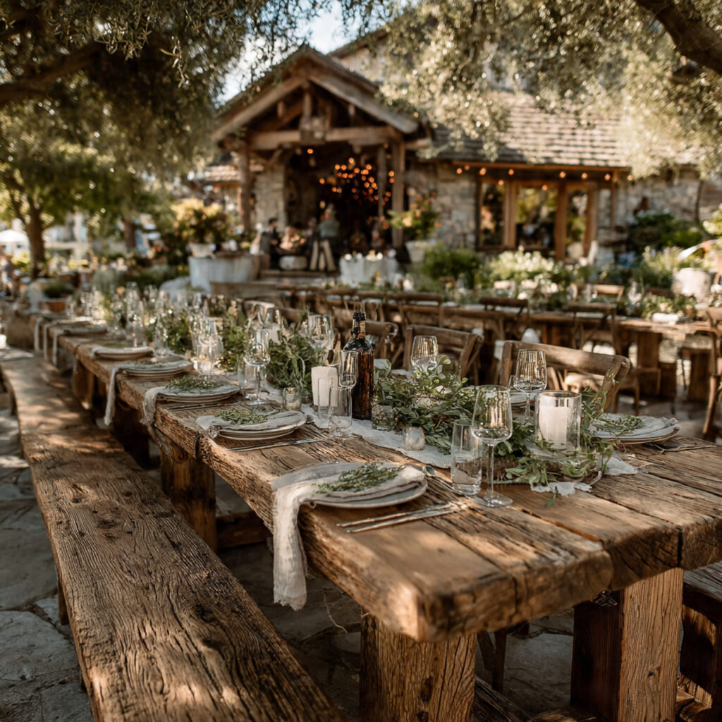long wooden farm tables arranged outdoors for