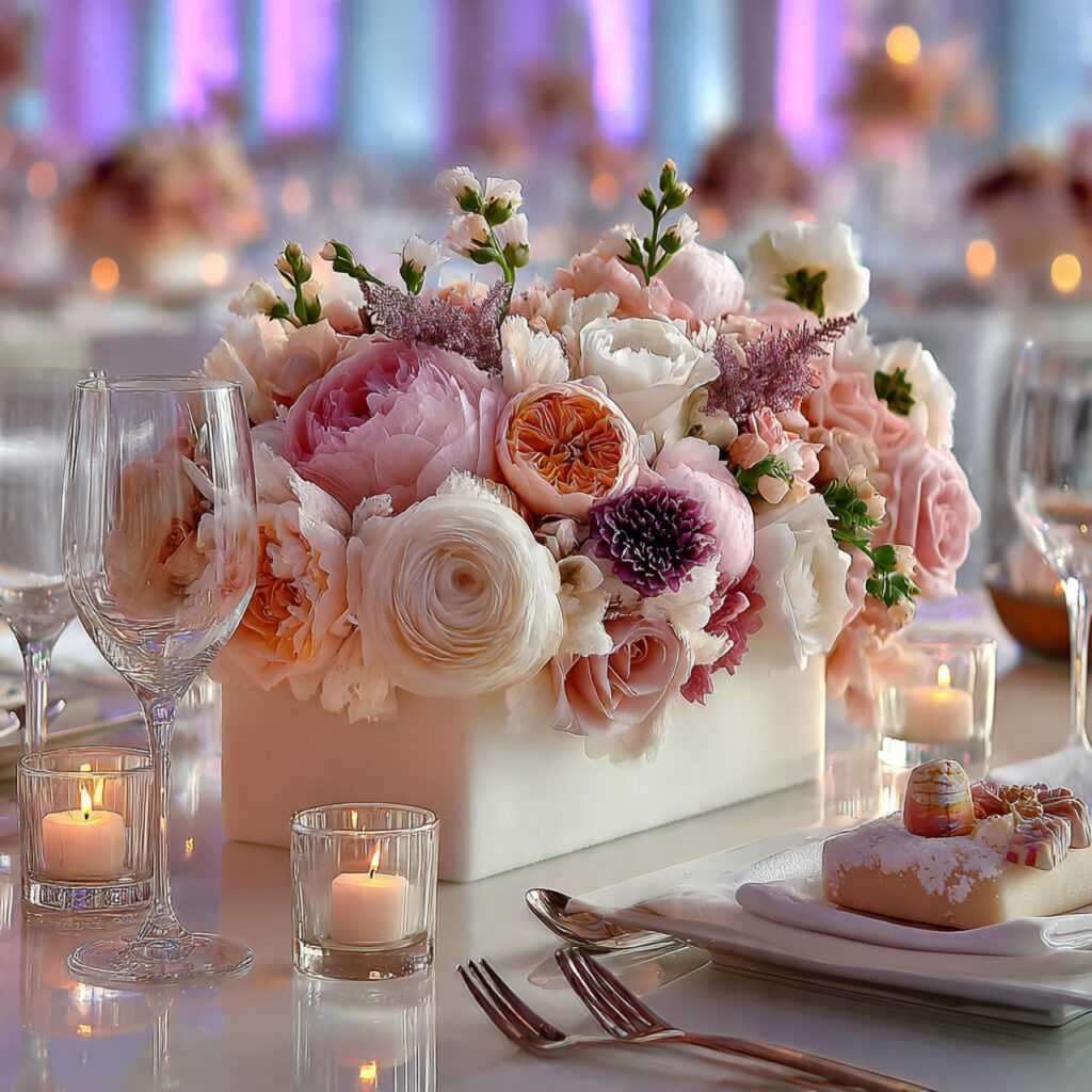 low floral arrangement created using floral foam