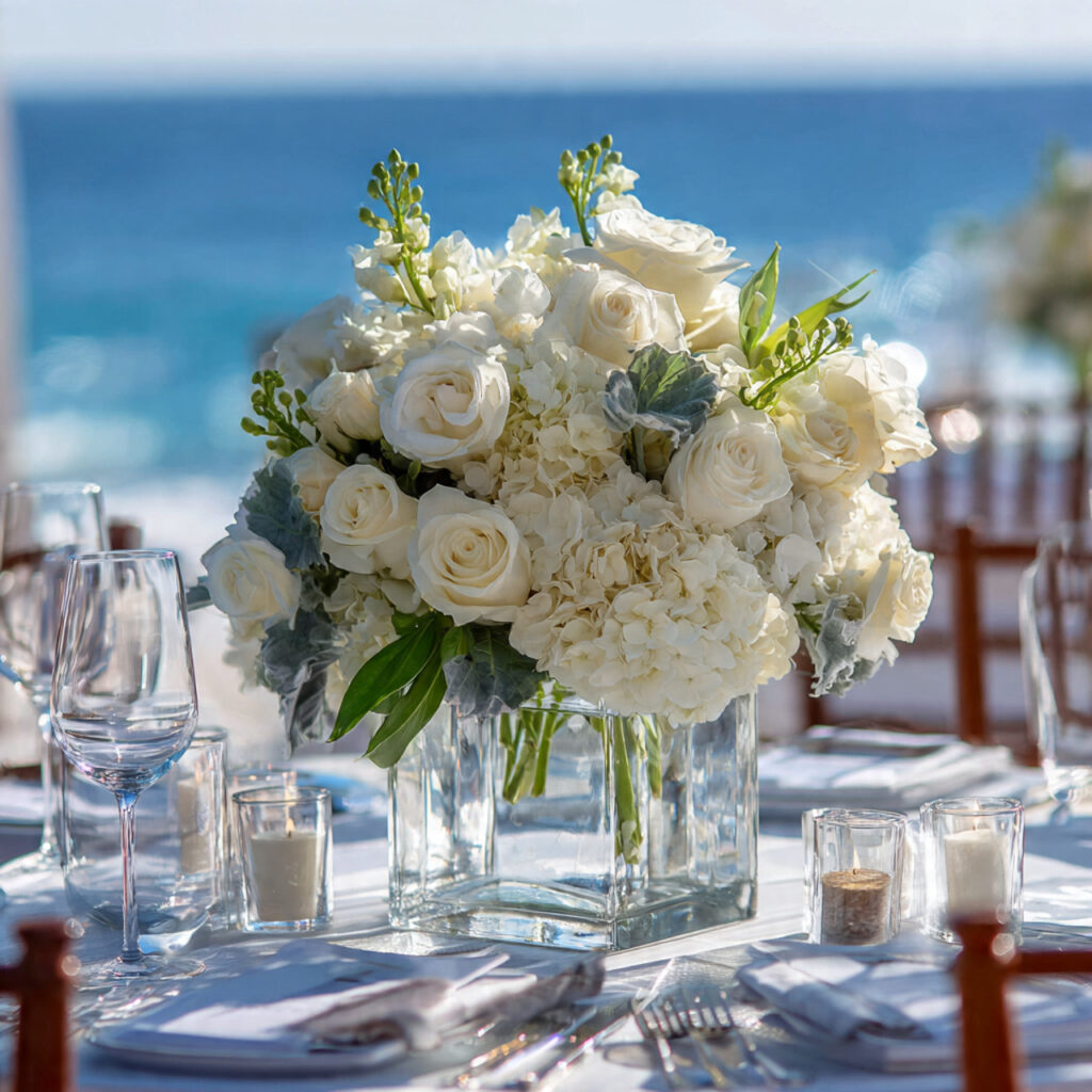 low floral centerpiece with white roses and