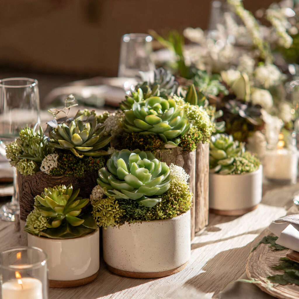 low succulent centerpiece in ceramic containers beach