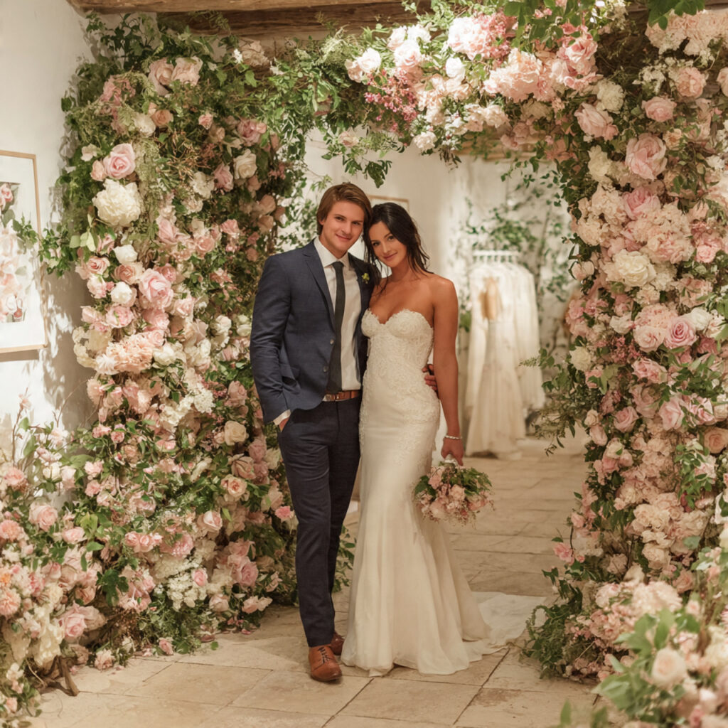 luxury floral wall wedding photobooth dense greenery